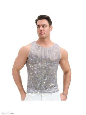 Glitter Rhinestone Tank Top Sheer Mesh Sleeveless Party Club Top